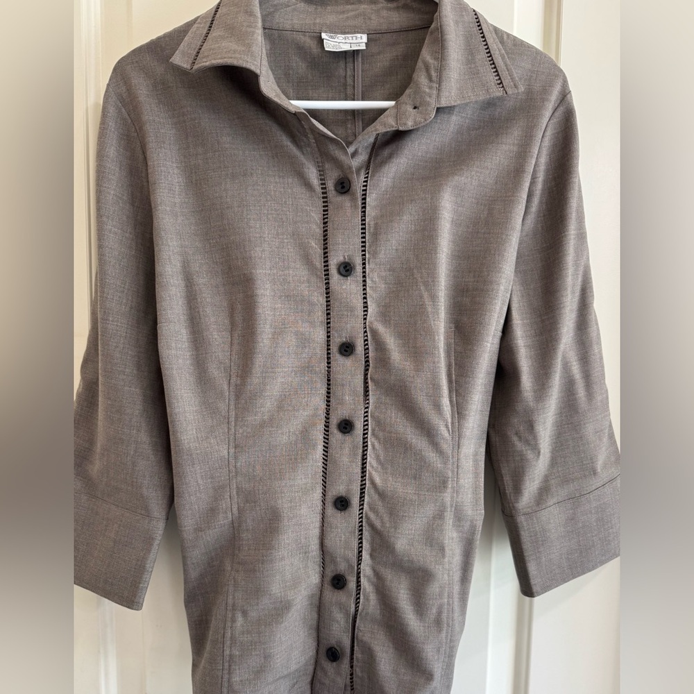 Worth Wool Blend Button Shirt Top Taupe 3/4 Sleeve Womens 14 - Picture 5 of 9